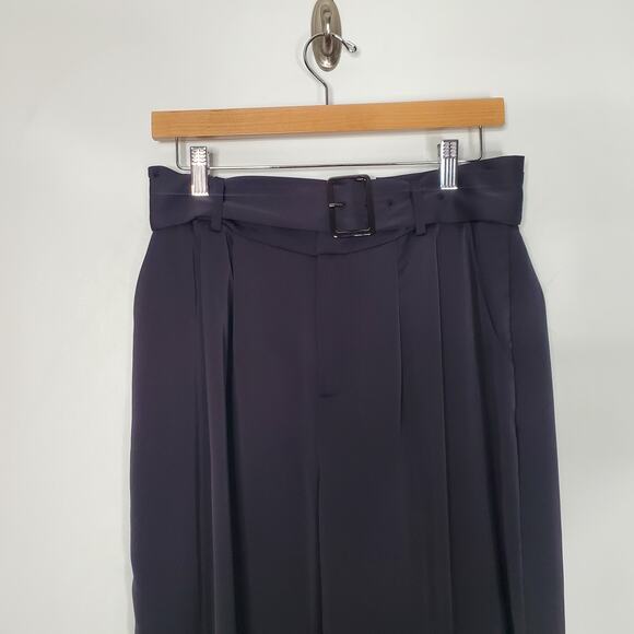 Ramy Brook Amaya Belted Satin Pants Black Pleated Wide Leg High Rise Size 12 New - Picture 7 of 14
